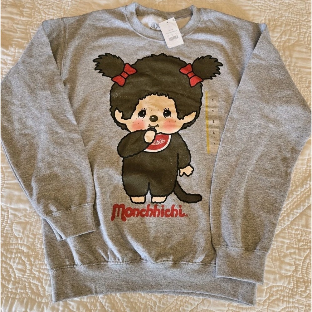 Monchhichi Sweatshirt Graphic Small Women's Crewneck Gray New NWT Retro Fun S